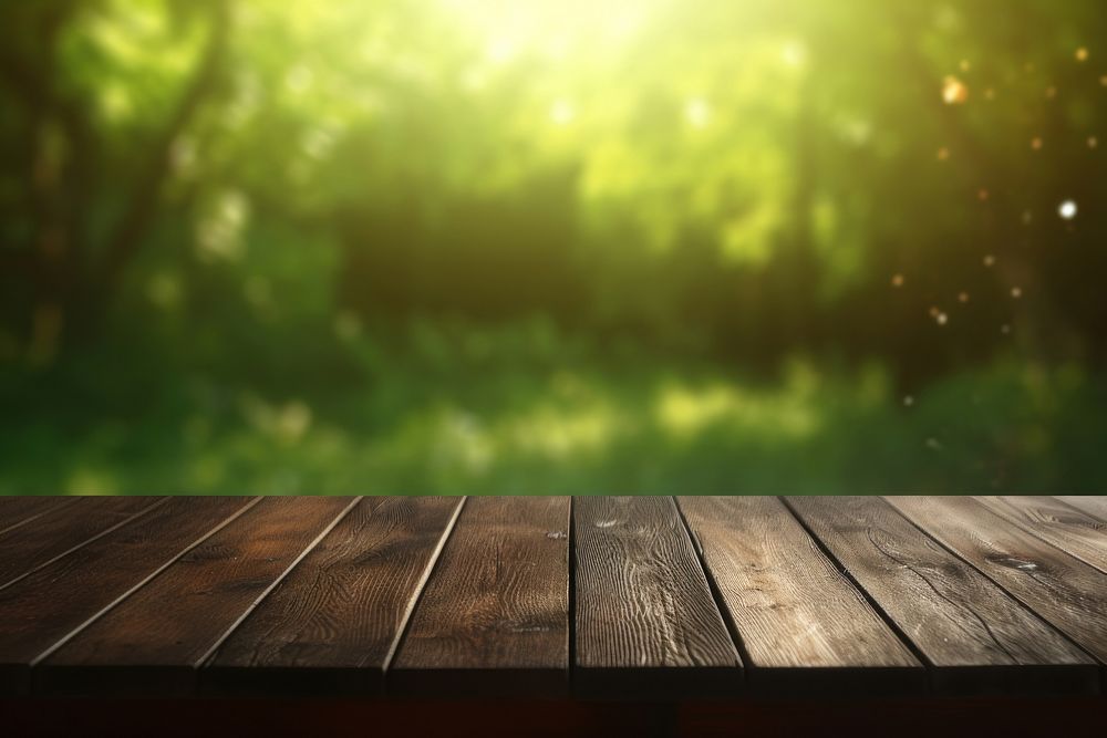  Sunlight bokeh background wooden table top backgrounds landscape. AI generated Image by rawpixel.