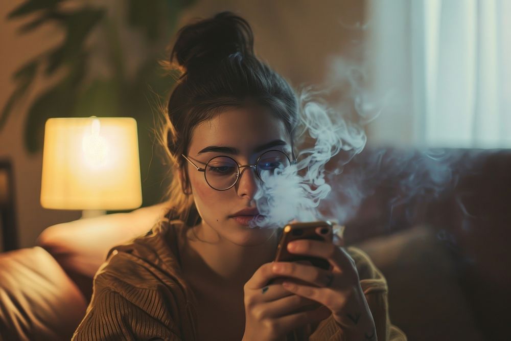 Young woman in glasses holding a cell phone smoking adult smoke.