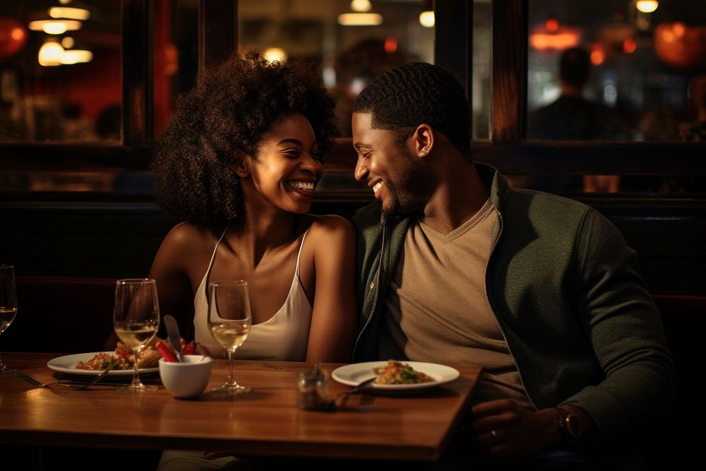 African American couple restaurant food portrait.