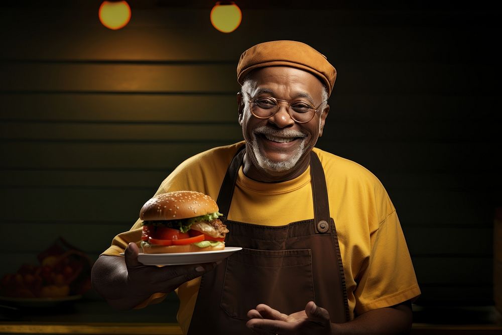 African American grandfather food holding burger.