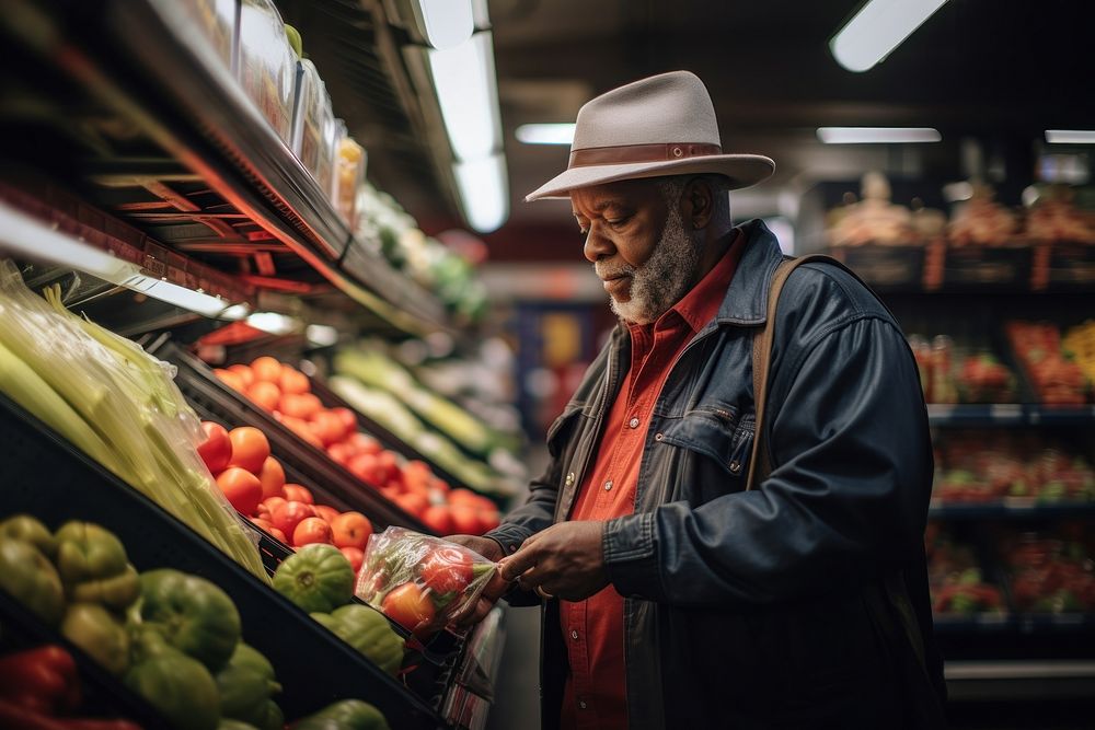 African American grandfather market shopping adult.