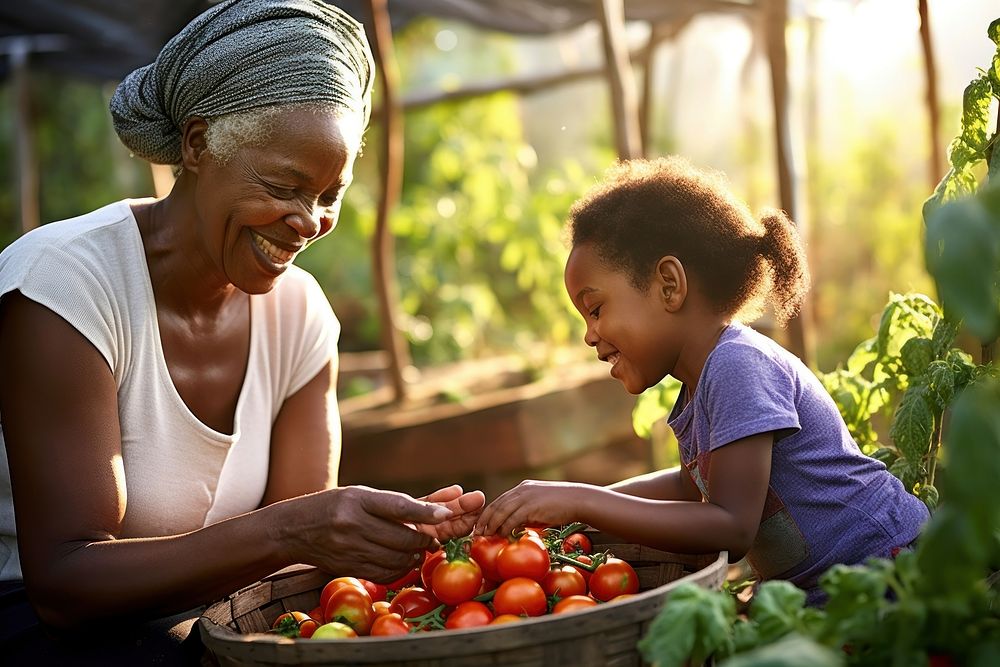African American grandmother and granddaughter picking tomato adult.