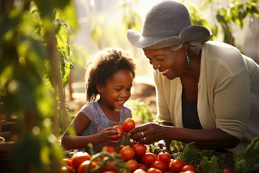 African American grandmother and granddaughter gardening outdoors picking.