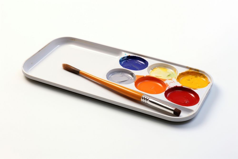 Artist paint tray palette brush white background.