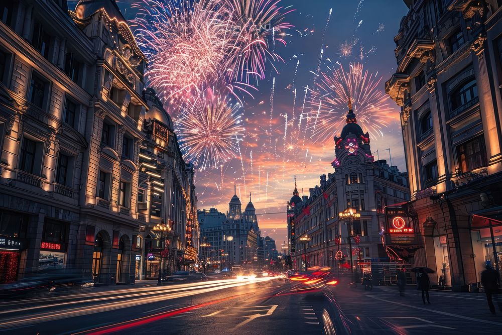 Fireworks building street architecture. AI generated Image by rawpixel.