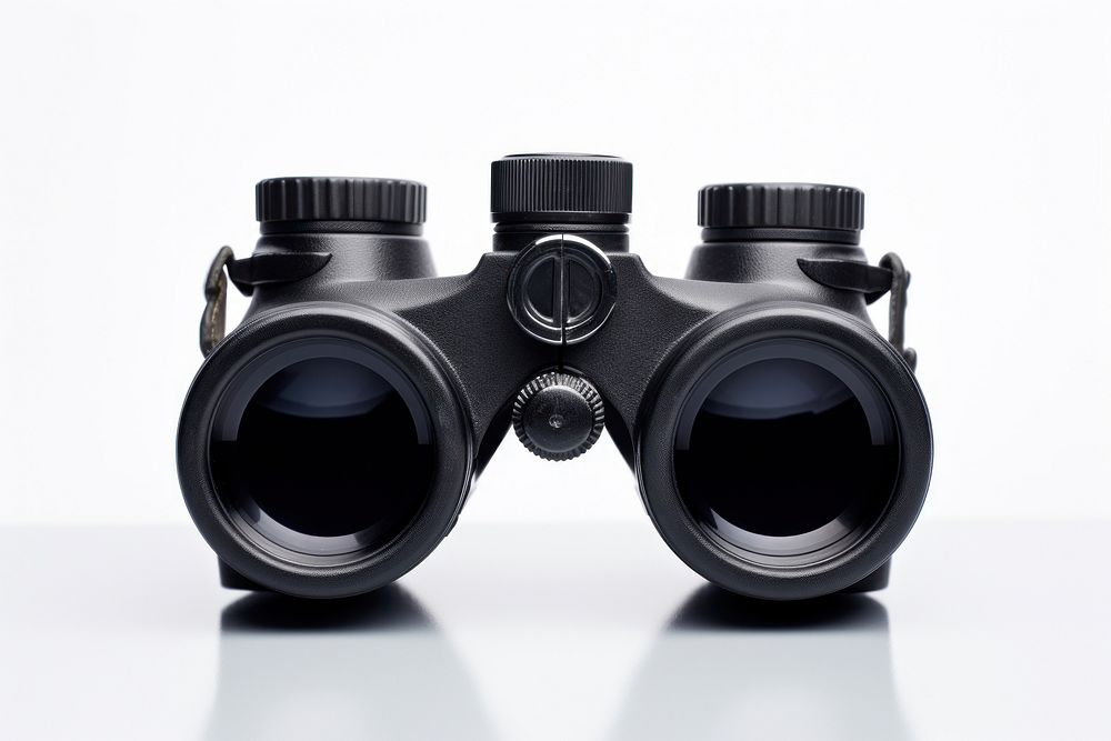 A black Binoculars Reflecting the Sky binoculars camera white background.