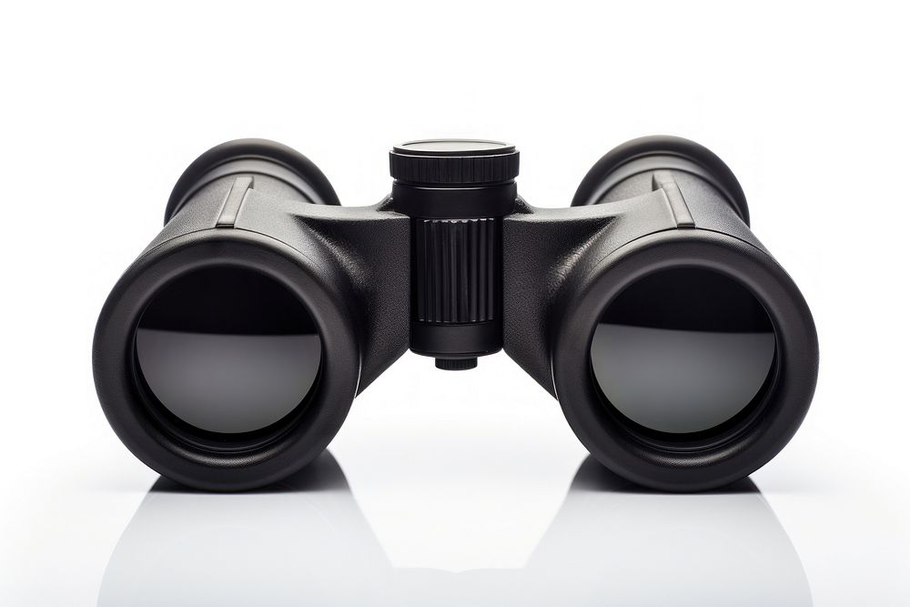 A black Binoculars Reflecting the Sky binoculars white background electronics.