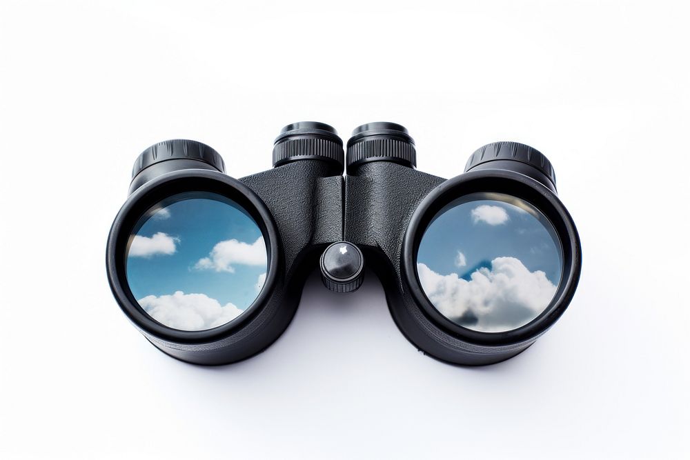 A black Binoculars Reflecting the Sky binoculars sky white background.