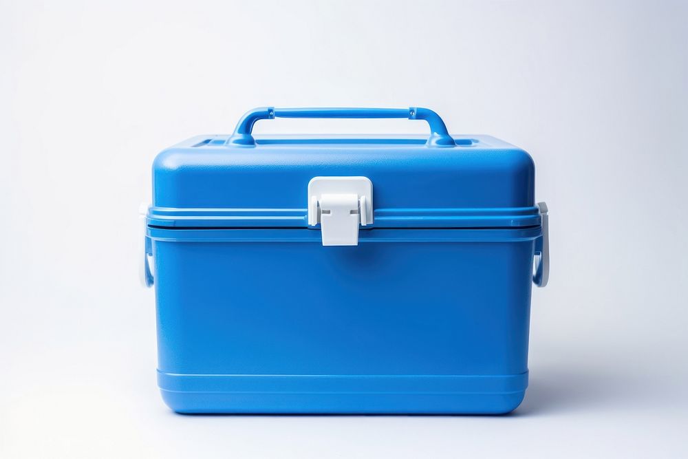 A Blue picnic cooler blue white background briefcase.