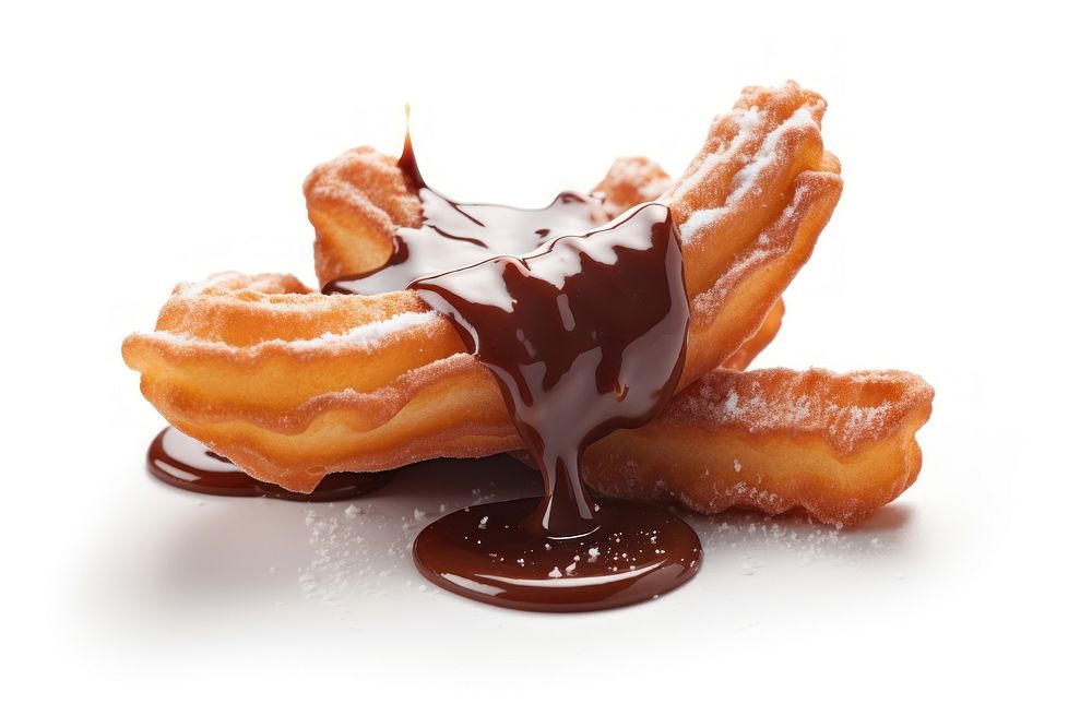 Churros dipped in chocolate sauce dessert food white background.