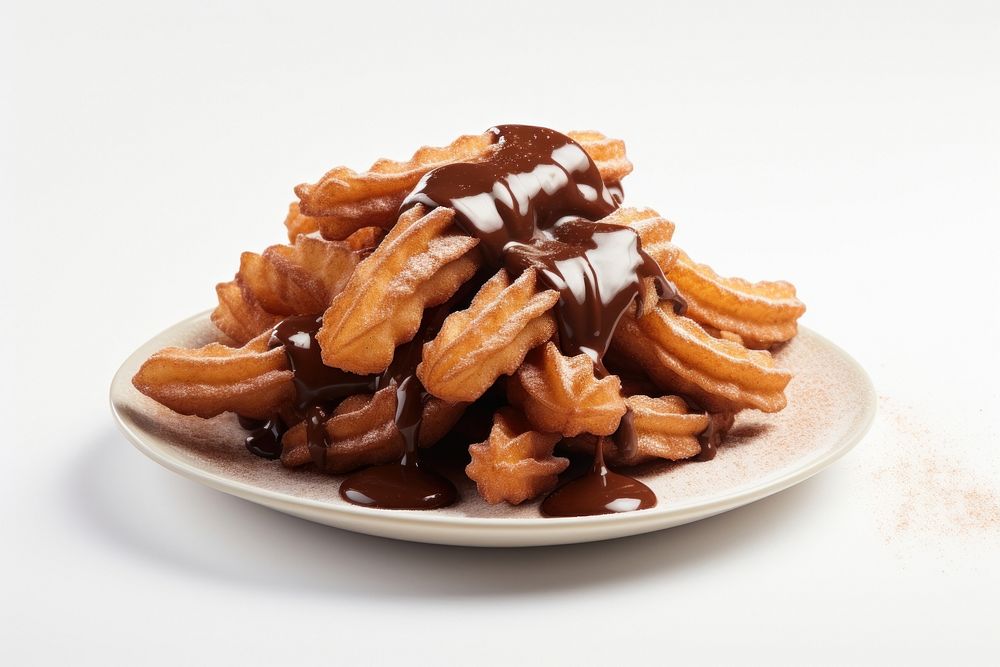 Churros dipped in chocolate sauce dessert plate food.