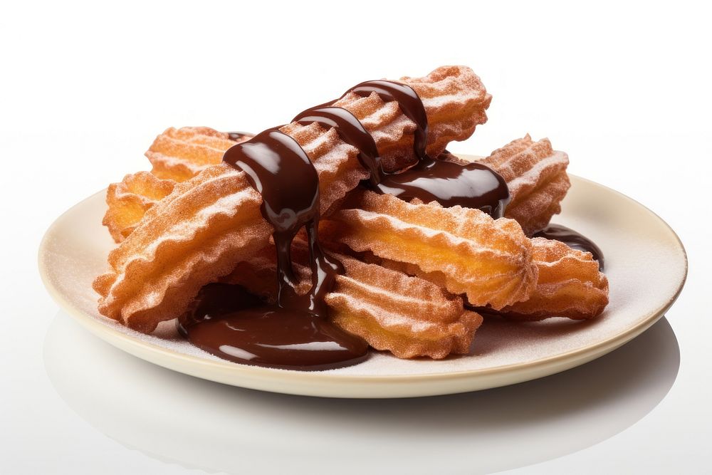 Churros dipped in chocolate sauce plate food white background.