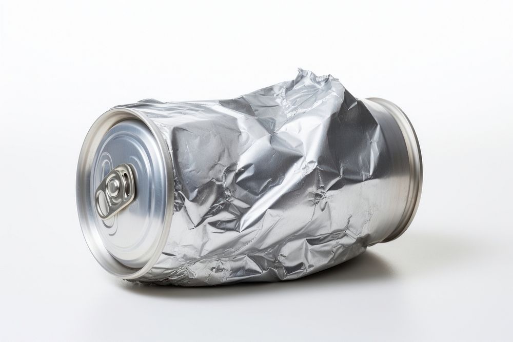 A Crumpled empty blank soda or beer can garbage white background container drinkware.