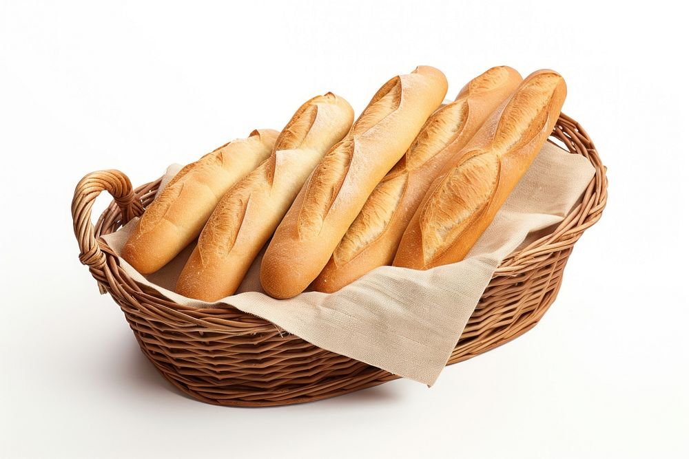 French baguette in a basket bread food white background.