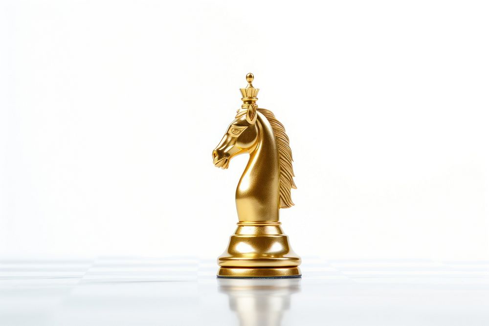 Gold Knight chess bronze white background chessboard.
