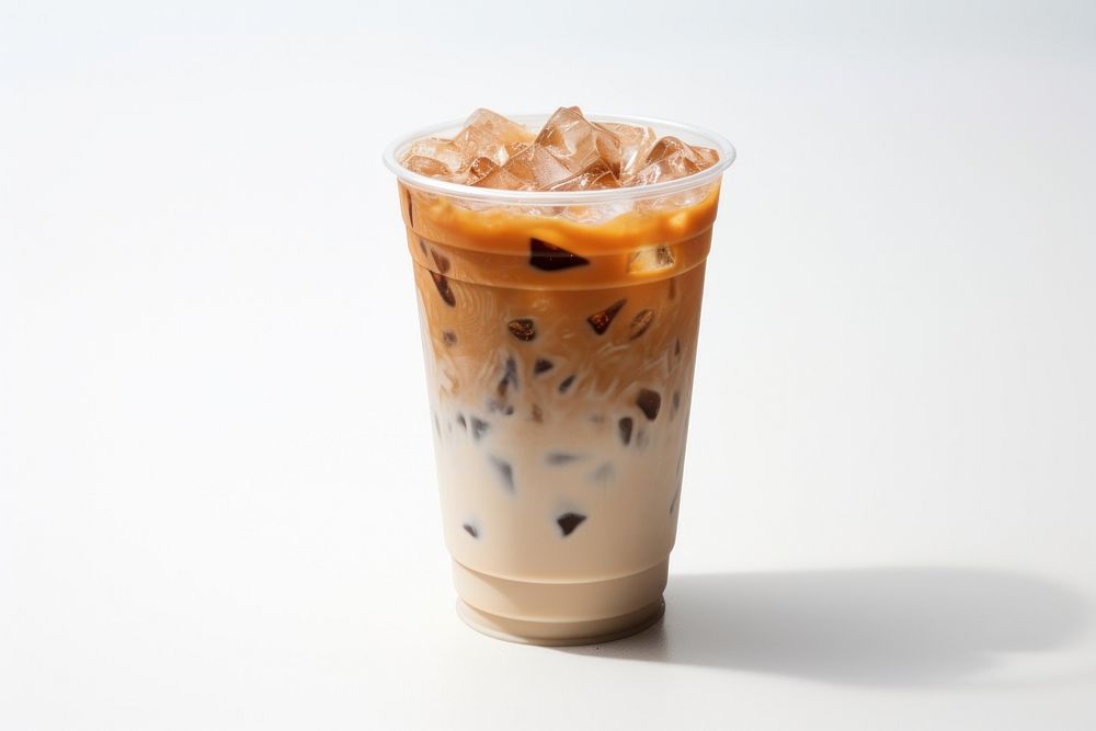 Ice latte in plastic cup drink white background refreshment.