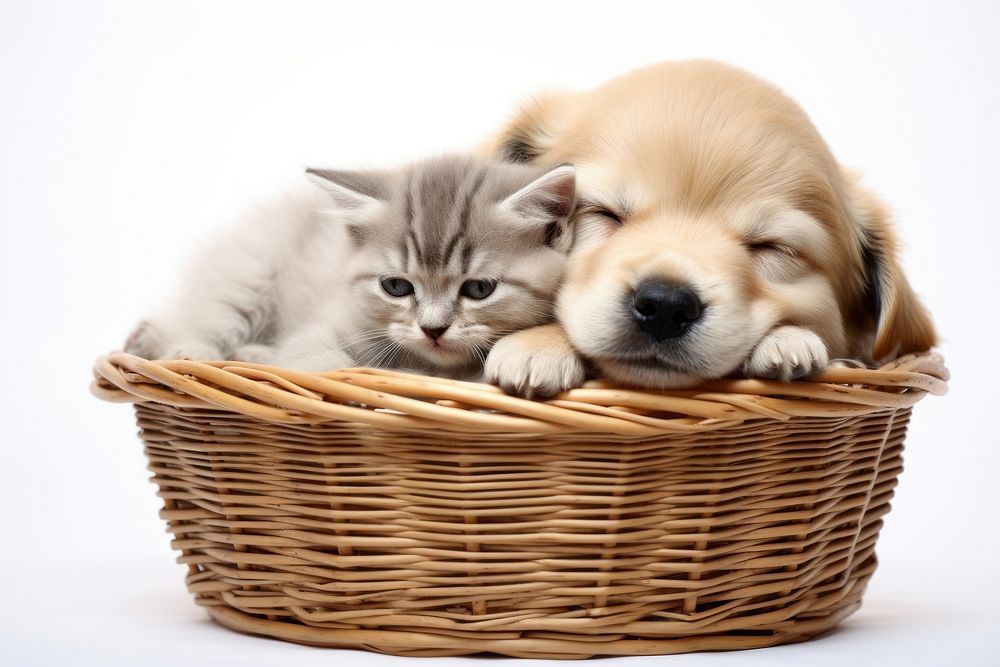 Kitten basket puppy mammal.