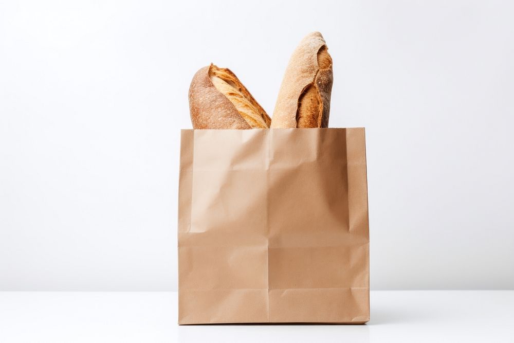 Paper grocery shopping bag bread food white background.