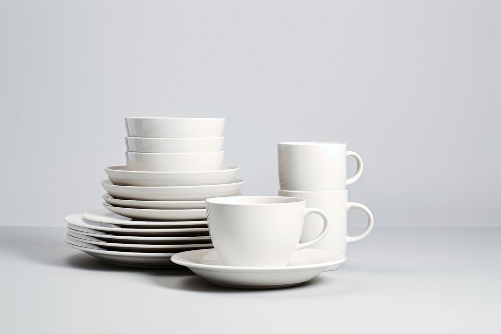 Set of clean dishware porcelain saucer coffee.