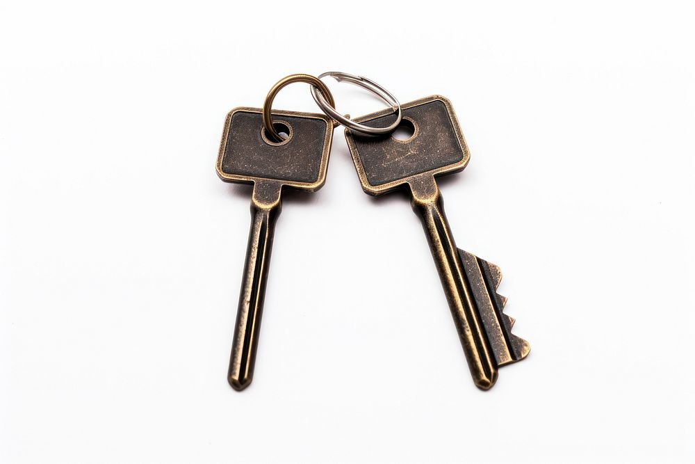 Two keys on key ring white background keychain security.