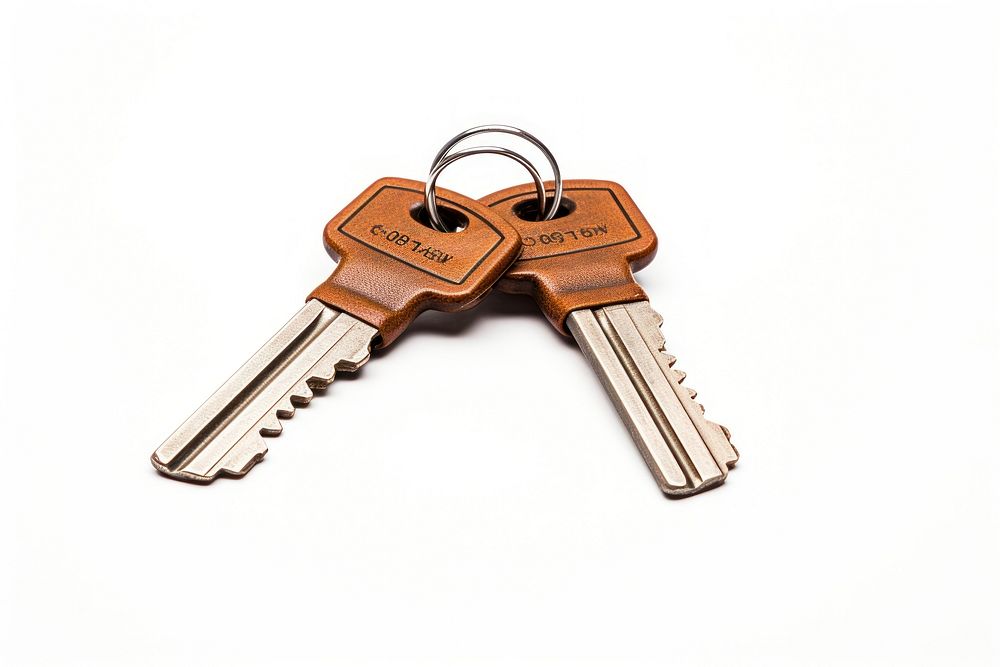 Two keys on key ring white background protection security.