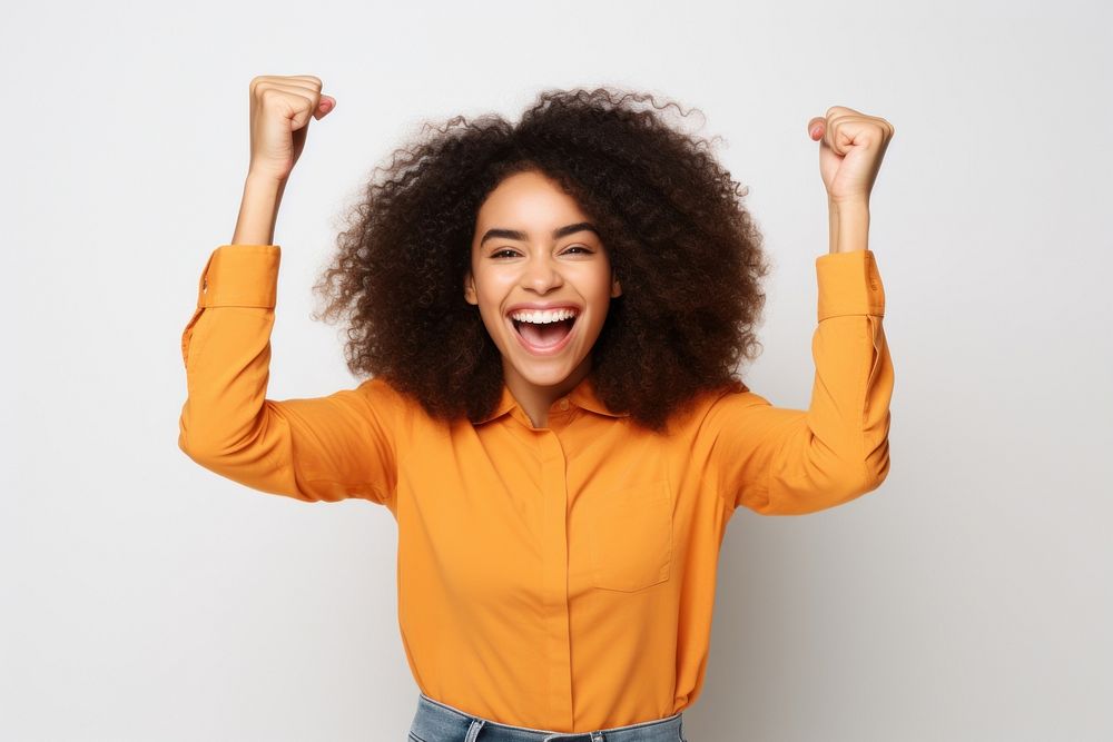 Young cute brazilian woman raise arms laughing adult white background.