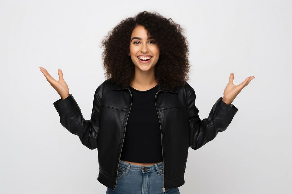 Young cute brazilian woman raise arms jacket smile adult.