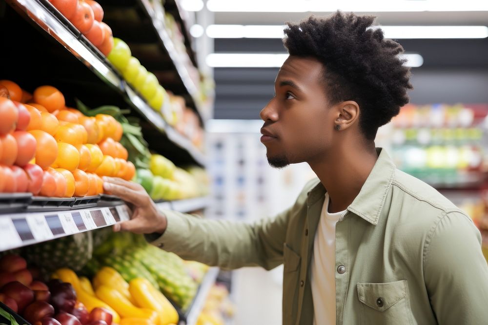Young African American man supermarket choosing adult.