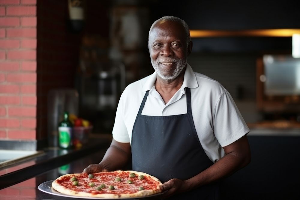African American old man pizza food adult.