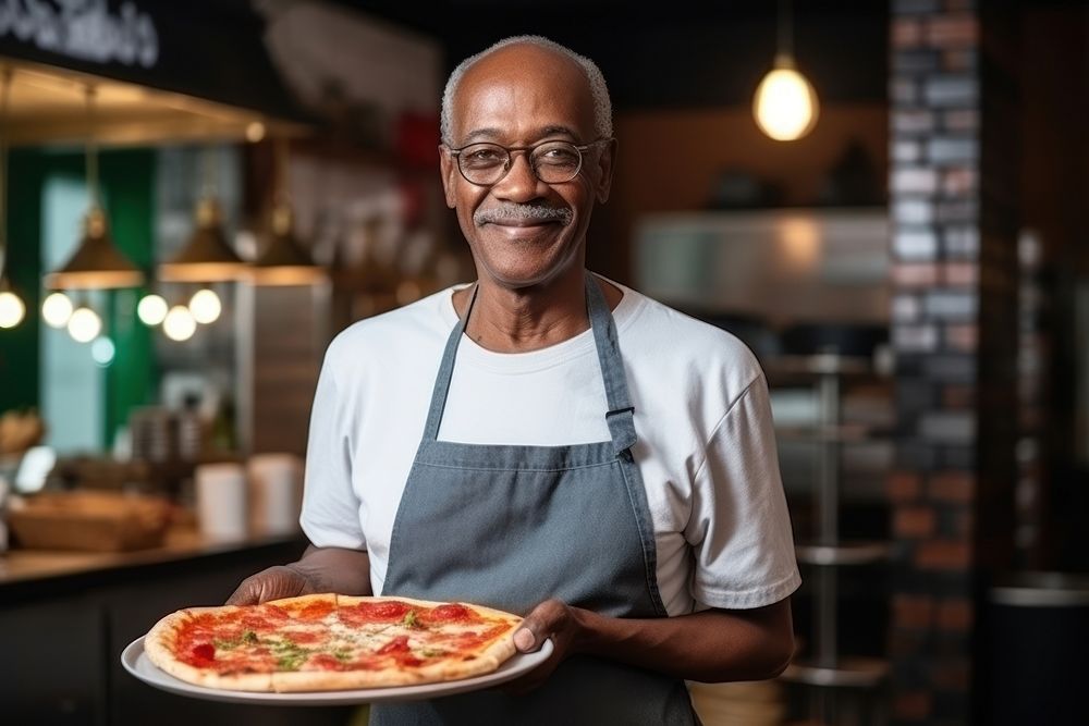 African American old man pizza food glasses.