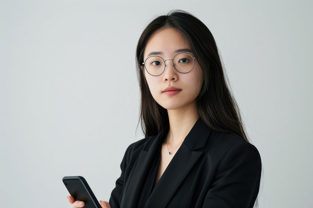 Asian business woman in glasses holding a cell phone portrait adult photo.