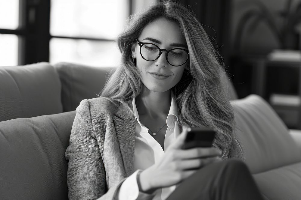 Business woman in glasses holding a cell phone furniture portrait adult.