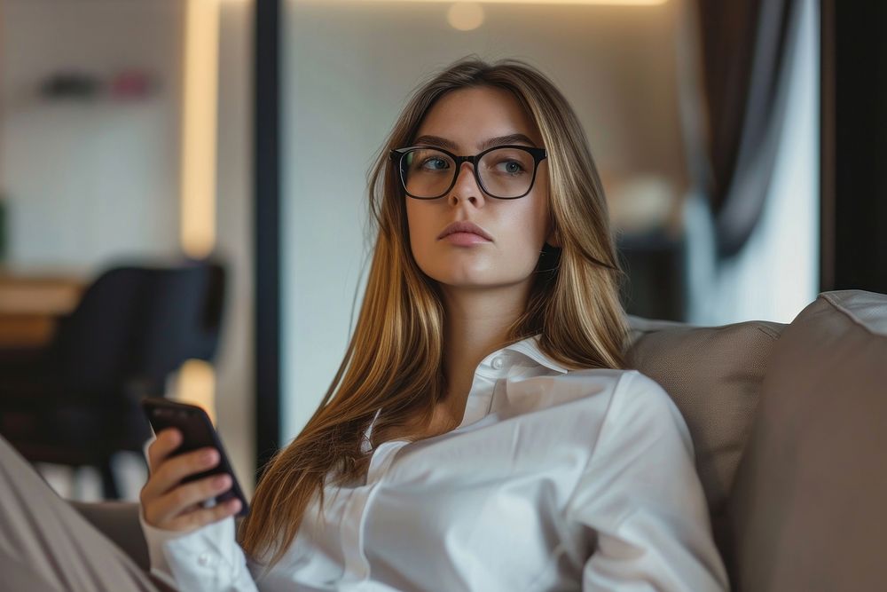 Business woman in glasses holding a cell phone adult contemplation refreshment.