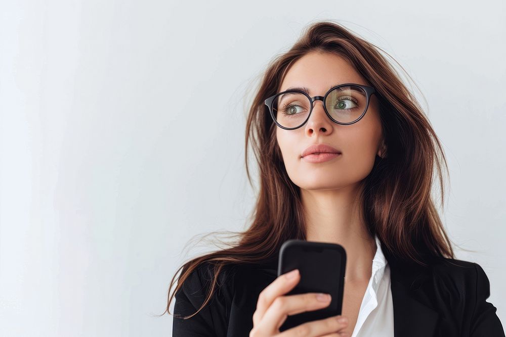 Business woman in glasses holding a cell phone portrait adult photo.