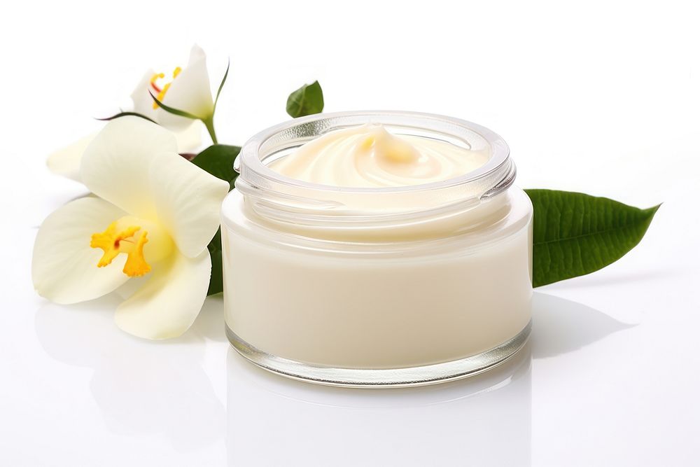 Nightcream lotion skincare with bottle jar container plant petal milk.