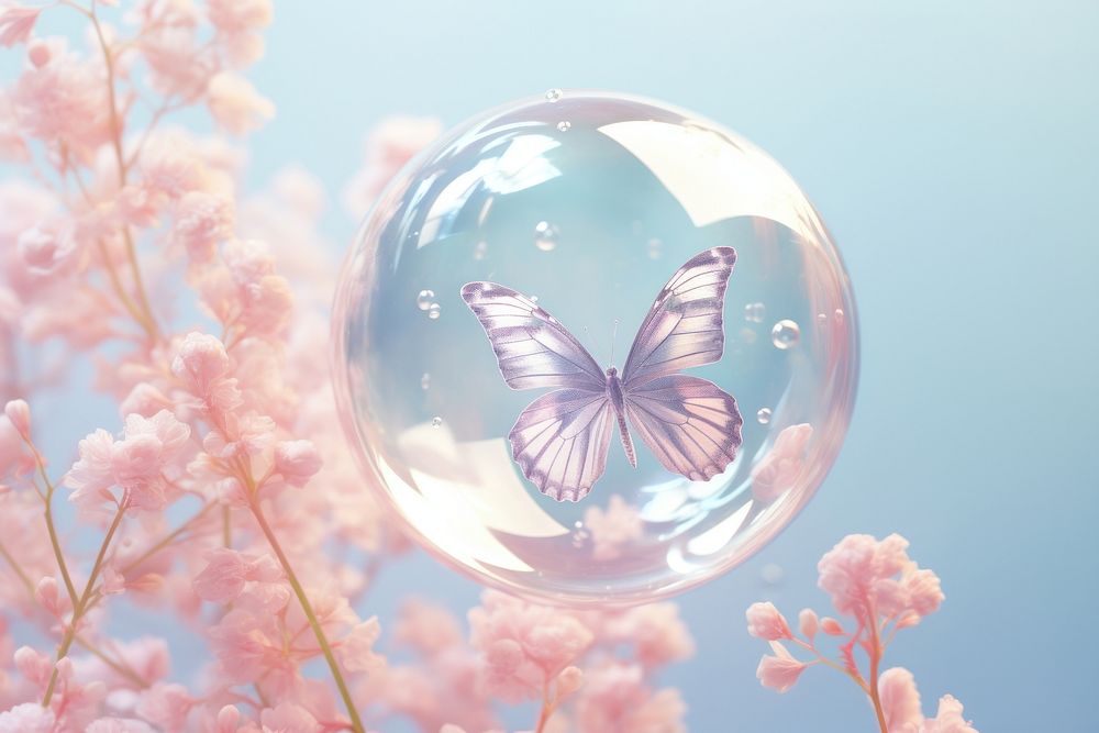  Bubble with butterfly and flowers outdoors nature plant. AI generated Image by rawpixel.