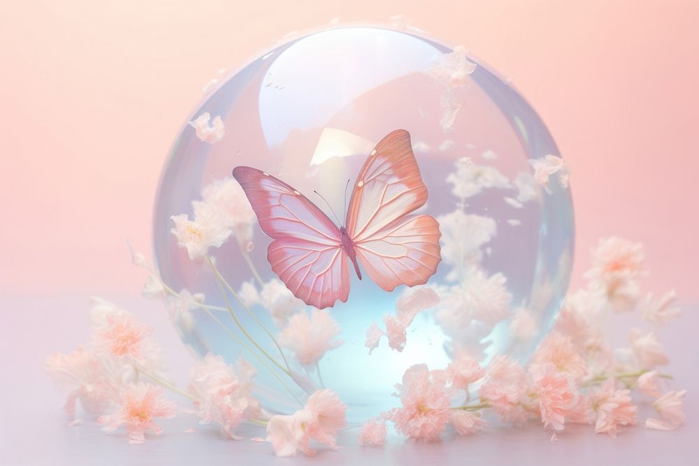  Bubble with butterfly and flowers outdoors sphere nature. AI generated Image by rawpixel.