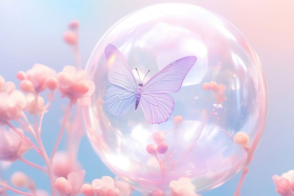  Bubble with butterfly and flowers outdoors petal plant. 