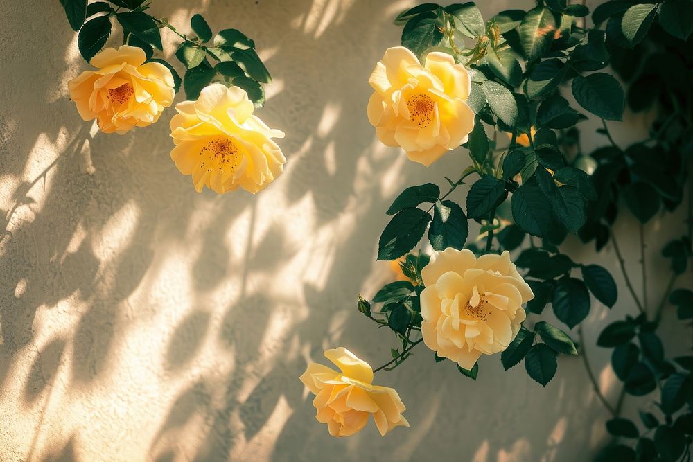 Spring scene with yellow rose flowers outdoors nature shadow.
