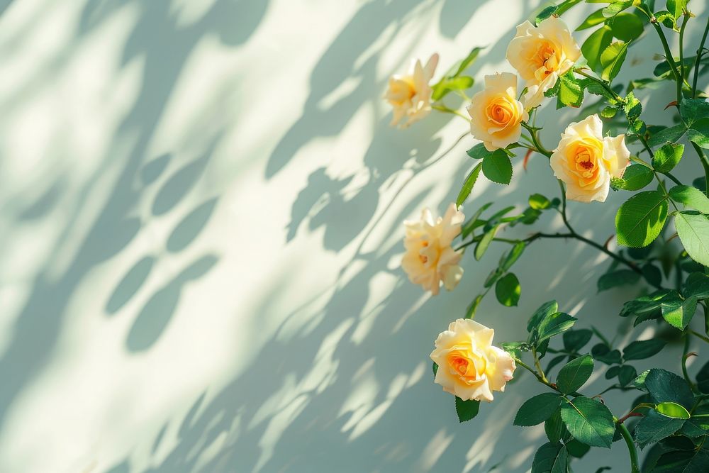 Spring scene with yellow rose flowers nature outdoors shadow.