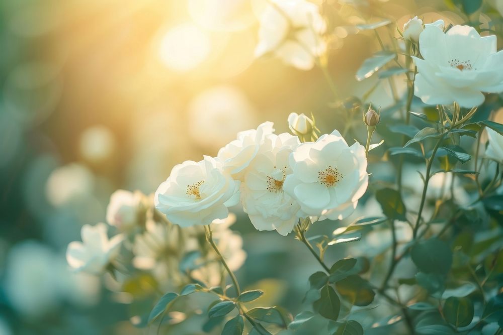 Summer scene with white rose flowers nature sunlight outdoors.