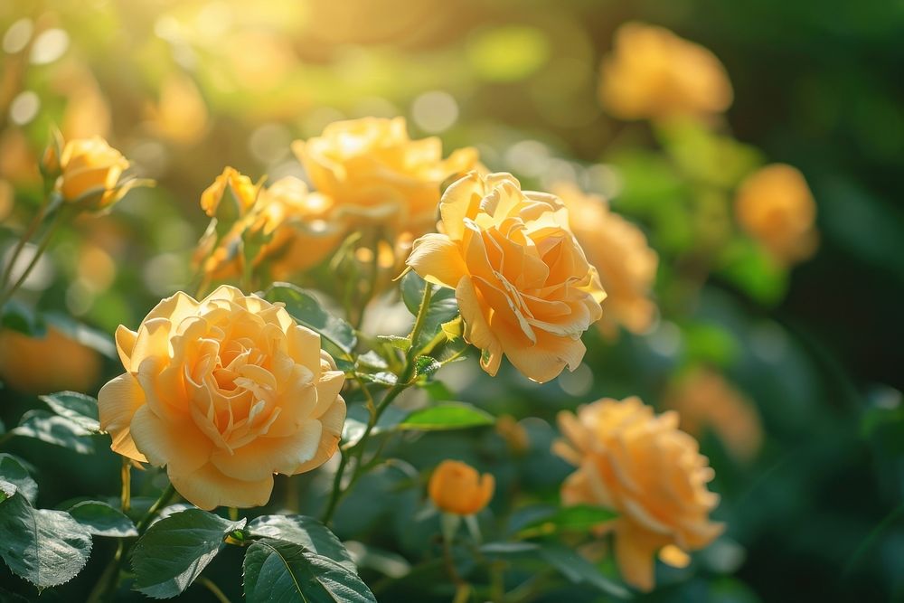 Summer scene with yellow rose flowers nature outdoors blossom.