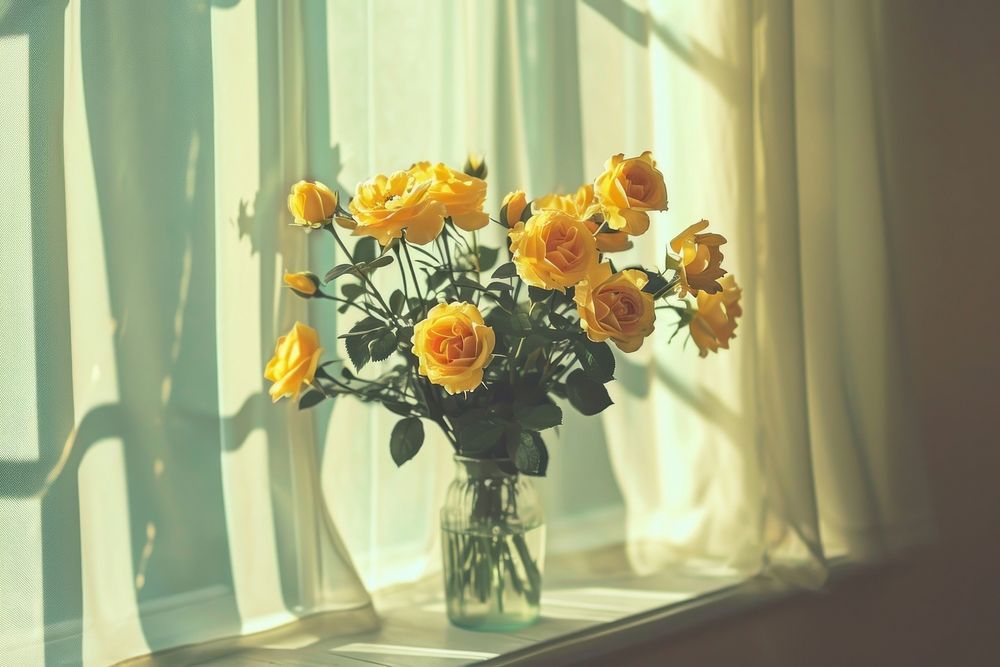 Summer scene with yellow rose flowers in vase windowsill nature plant.