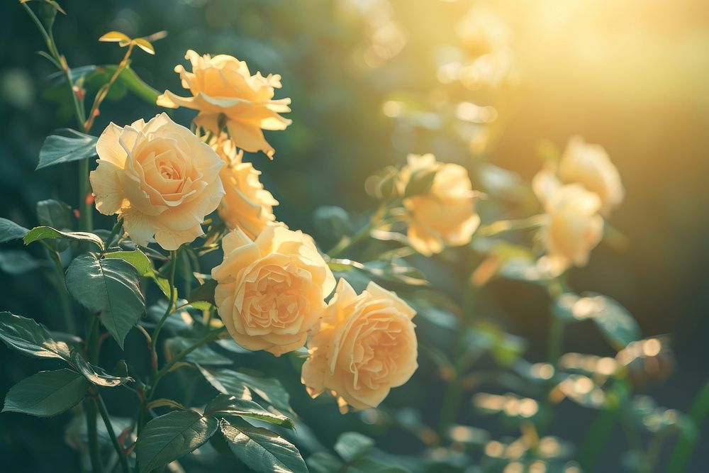 Summer scene with yellow rose flowers nature sunlight outdoors.