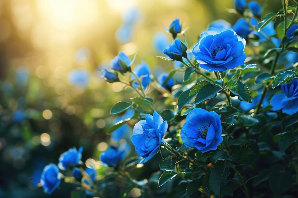 Summer scene with blue rose flowers nature outdoors blossom.