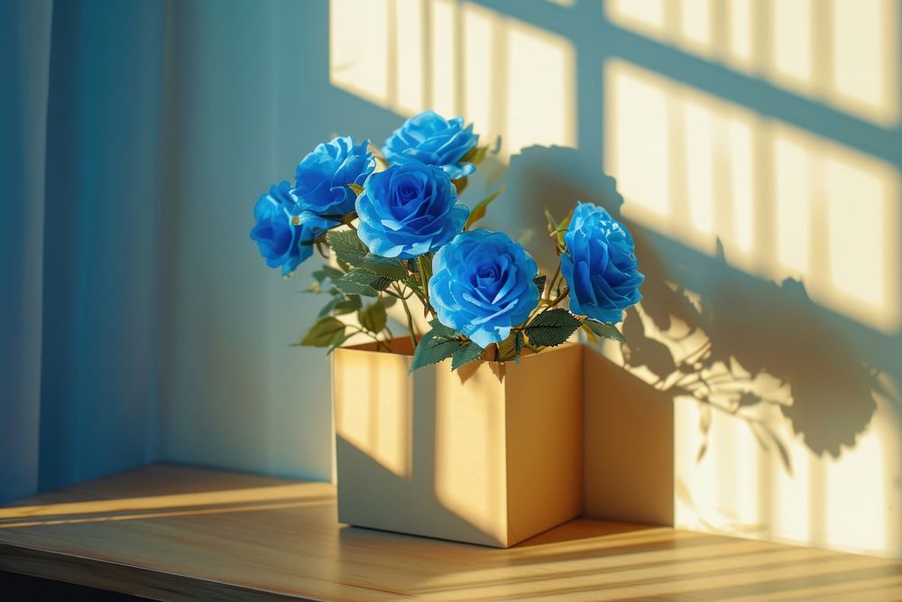 Summer scene with blue rose flowers in gift box nature plant inflorescence.