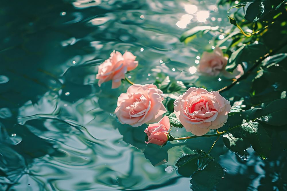 Summer scene with pink rose flowers in water nature outdoors plant.