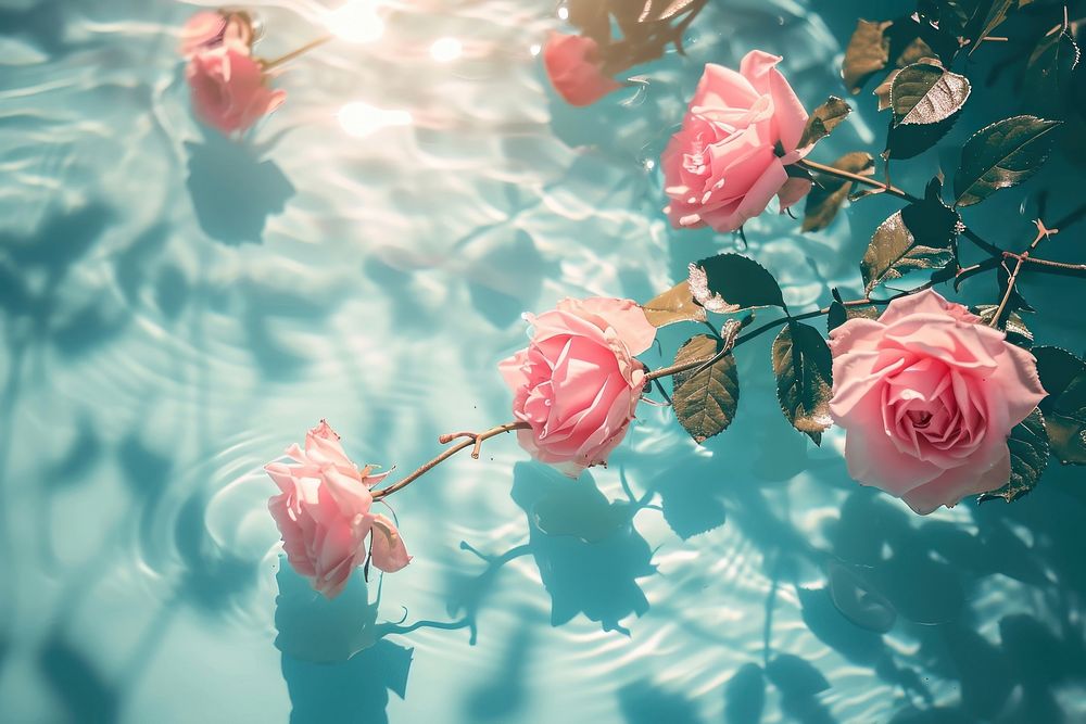 Summer scene with pink rose flowers in water nature outdoors plant.