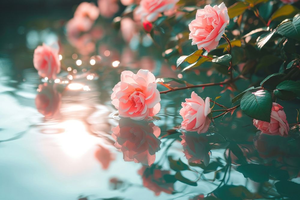 Summer scene with pink rose flowers in water nature outdoors blossom.