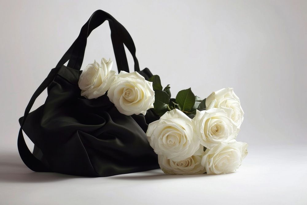 Black fabric tote bag rose handbag flower.